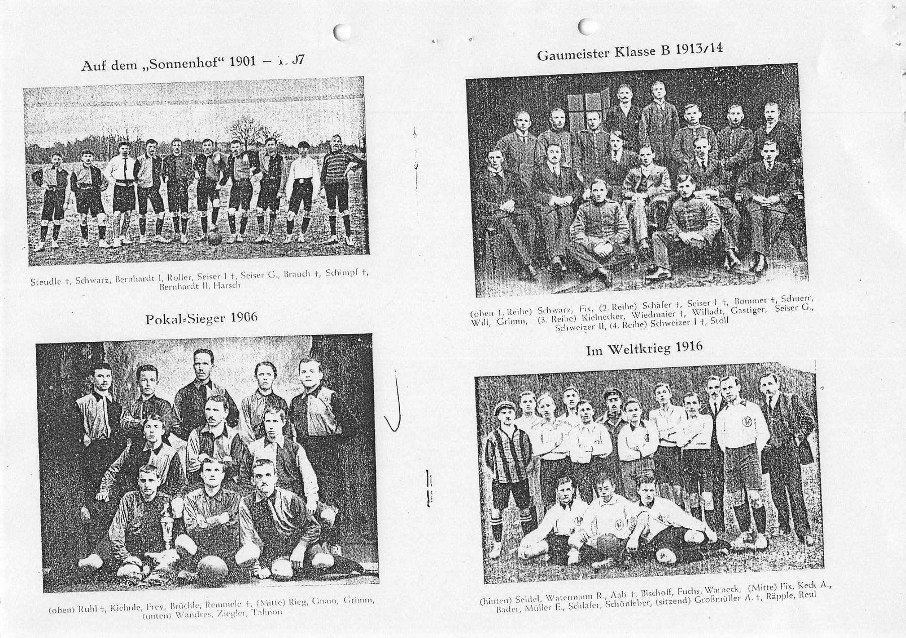 Archivseite mit frühen Fußballmannschaften des Sportclubs zwischen 1901 und 1916
